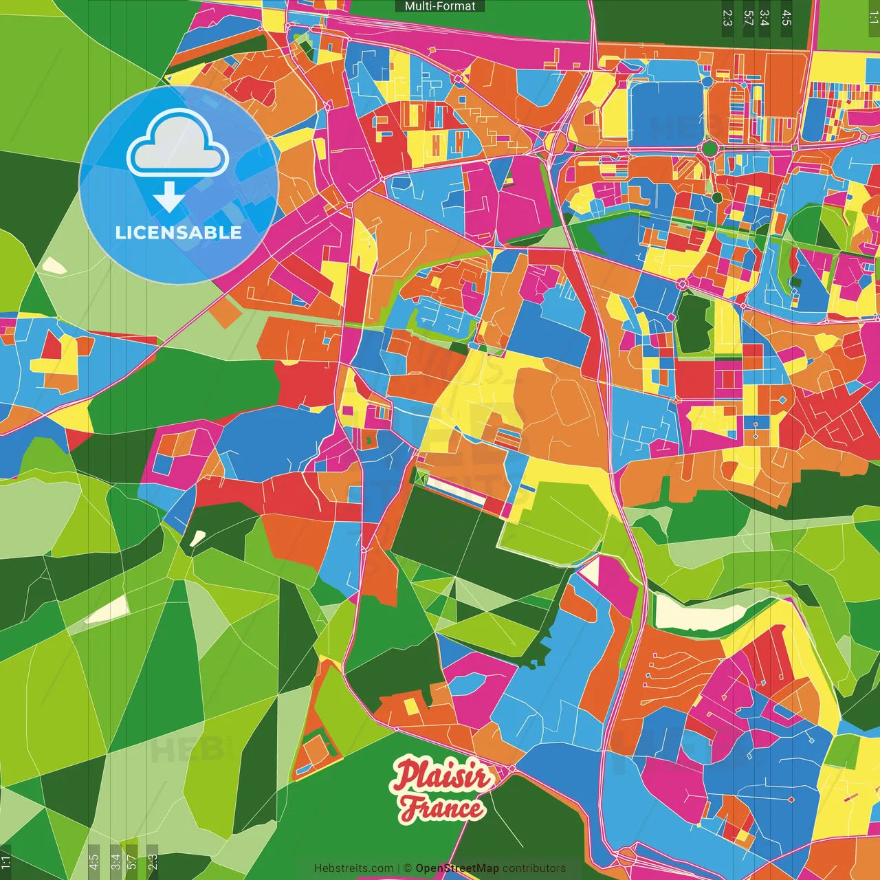 Plaisir, Yvelines, France Crazy Colorful Street Map Poster Template