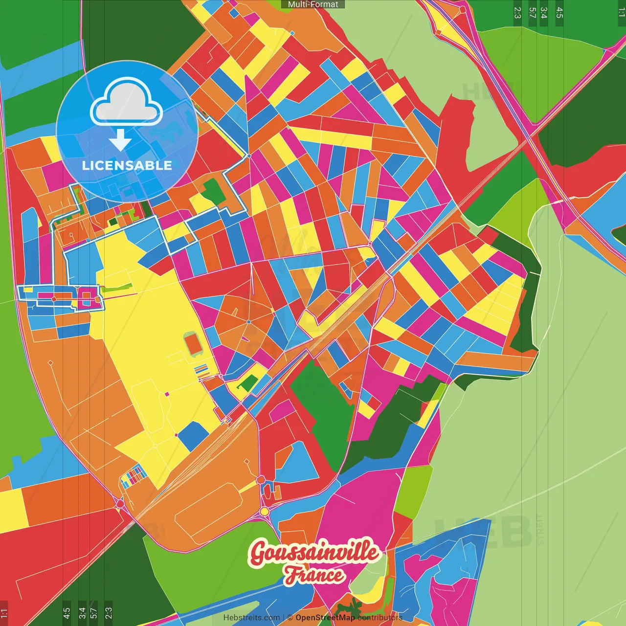 Goussainville, Val-d Oise, France Crazy Colorful Street Map Poster Template