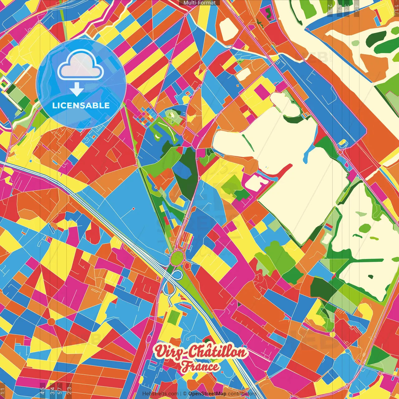 Viry-Châtillon, Essonne, France Crazy Colorful Street Map Poster Template