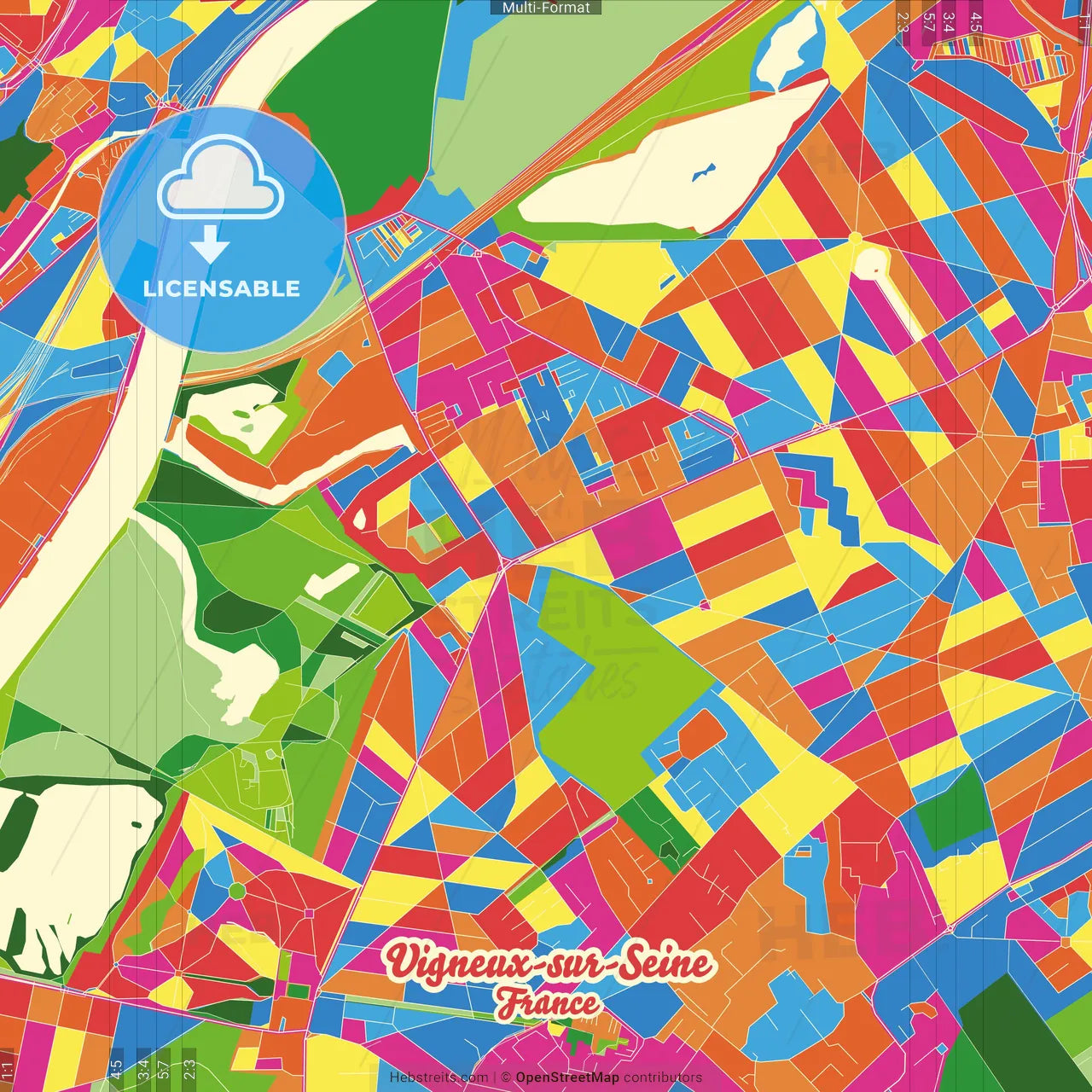 Vigneux-sur-Seine, Essonne, France Crazy Colorful Street Map Poster Template