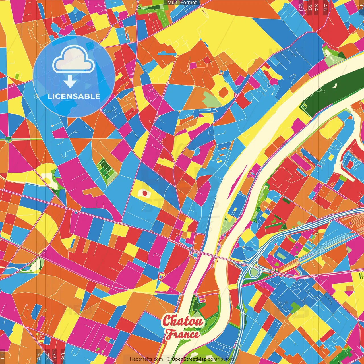Chatou, Yvelines, France Crazy Colorful Street Map Poster Template