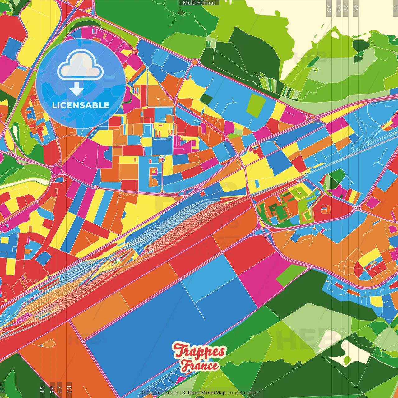 Trappes, Yvelines, France Crazy Colorful Street Map Poster Template
