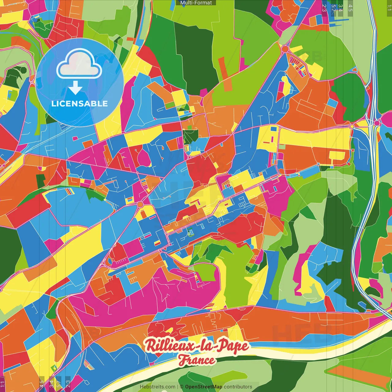Pape Rmap Rillieux-La-Pape, Rhône, France Crazy Colorful Street Map Poster ...