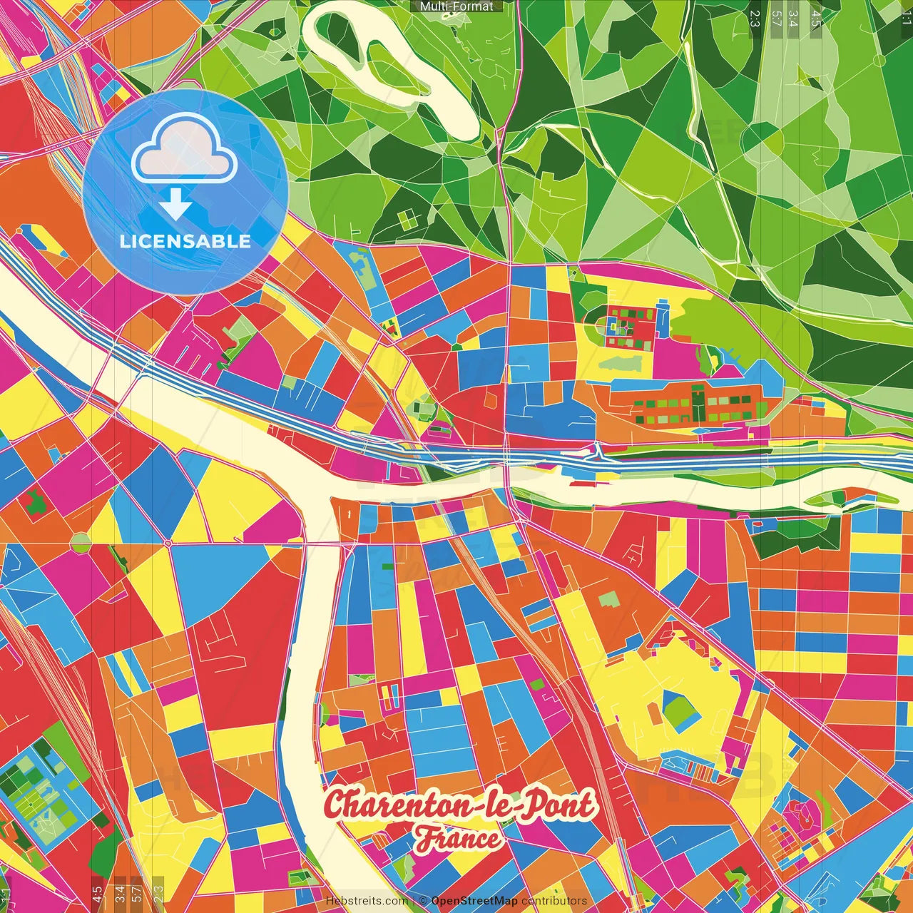 Charenton-le-Pont, Val-de-Marne, France Crazy Colorful Street Map Poster Template