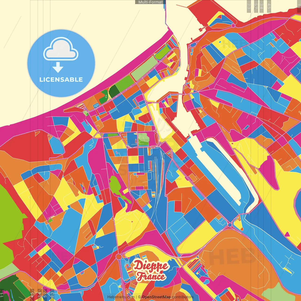 Dieppe, Seine-Maritime, France Crazy Colorful Street Map Poster Template