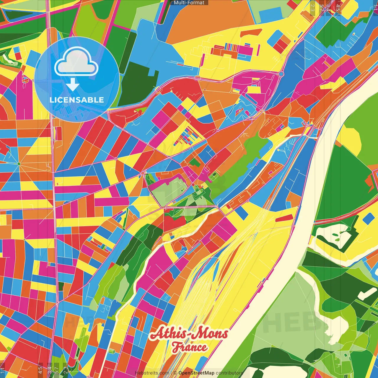 Athis-Mons, Essonne, France Crazy Colorful Street Map Poster Template