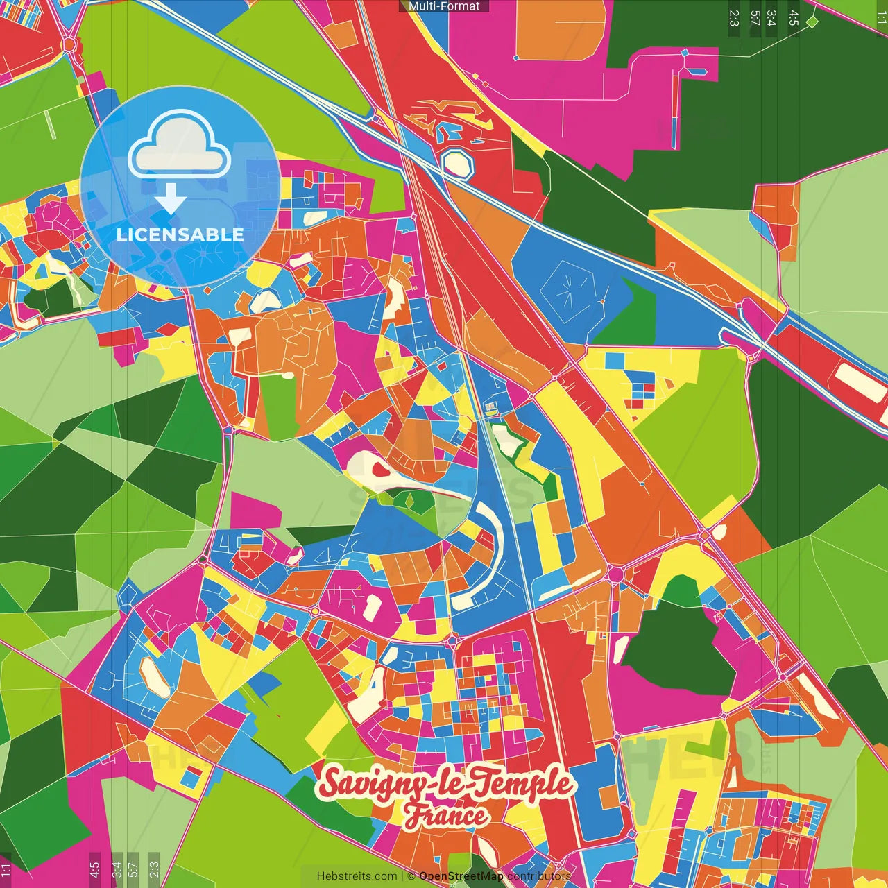 Savigny-le-Temple, Seine-et-Marne, France Crazy Colorful Street Map Poster Template