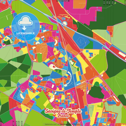 Savigny-le-Temple, Seine-et-Marne, France Crazy Colorful Street Map Poster Template