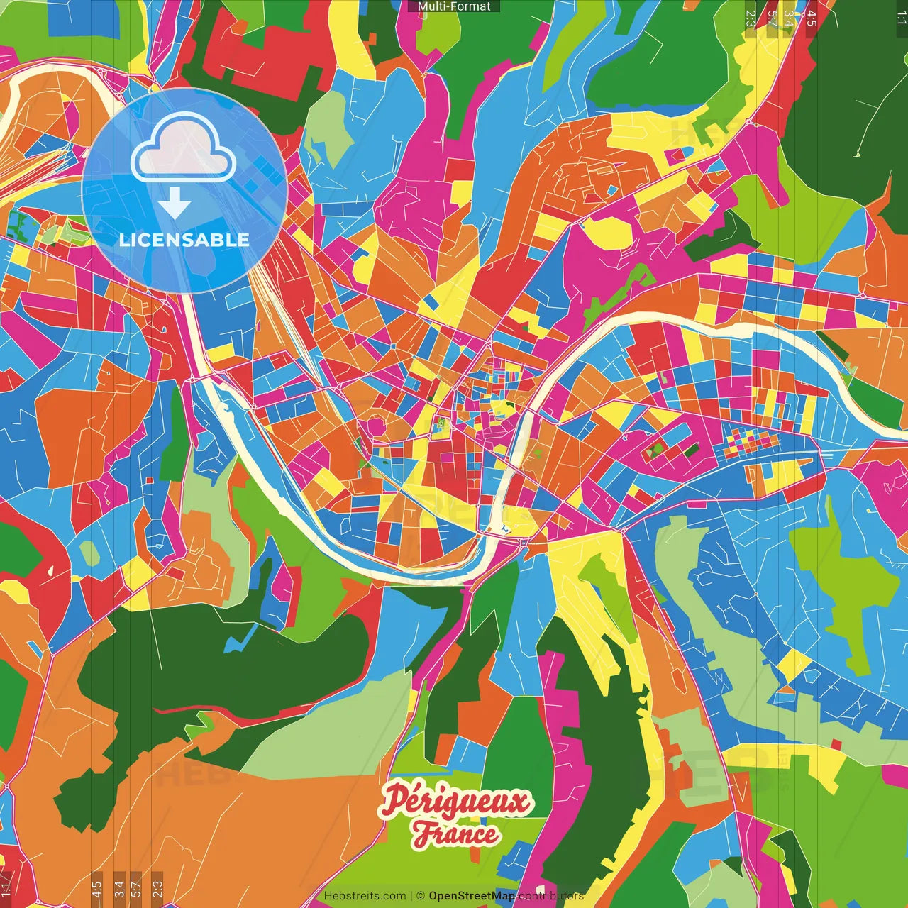 Périgueux, Dordogne, France Crazy Colorful Street Map Poster Template
