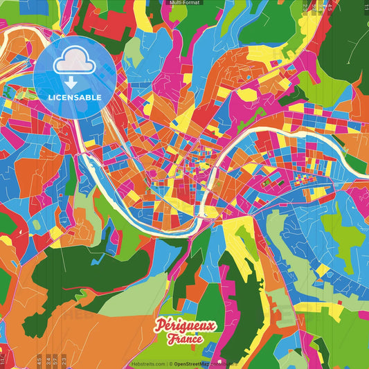 Périgueux, Dordogne, France Crazy Colorful Street Map Poster Template