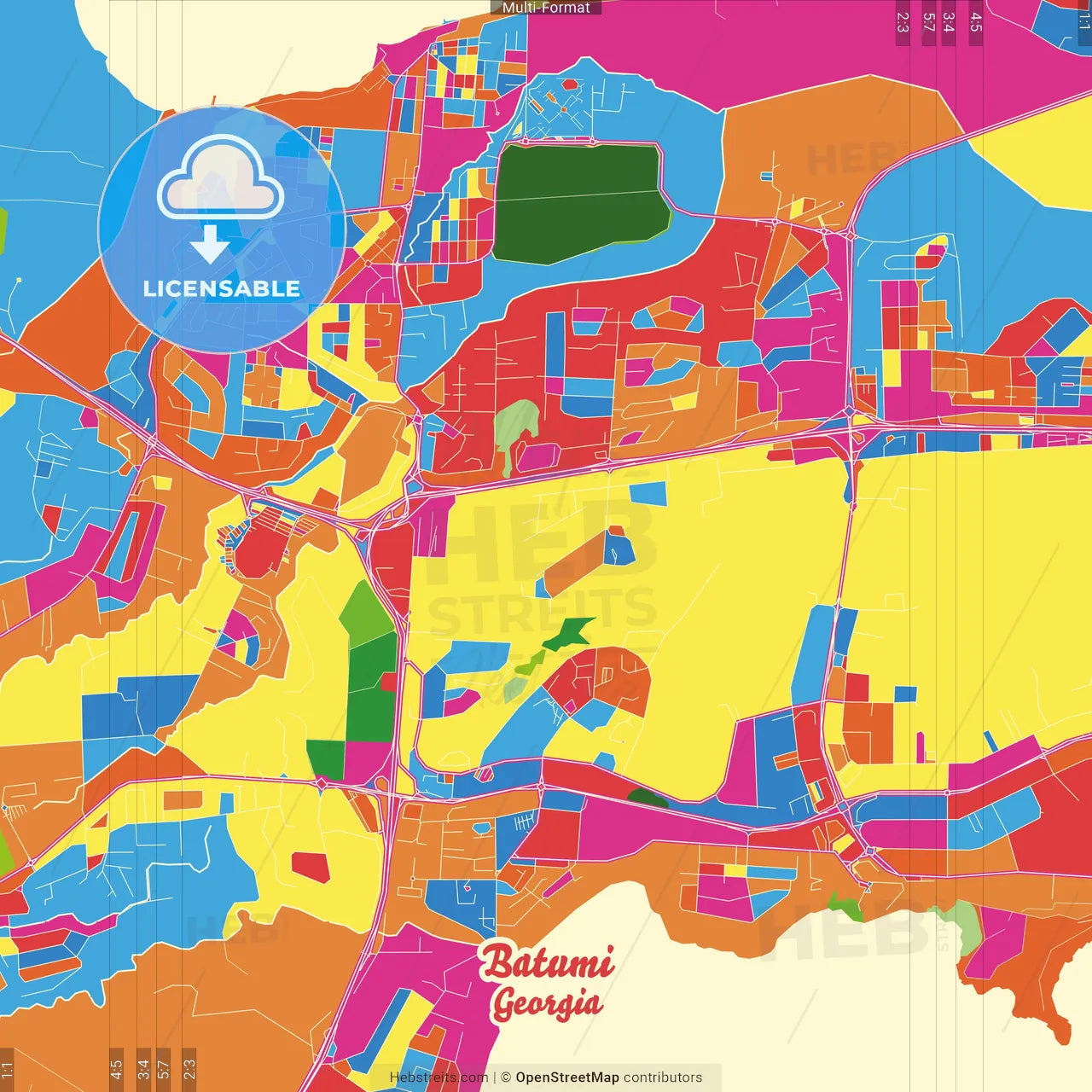 Batumi, Adjara, Georgia Crazy Colorful Street Map Poster Template