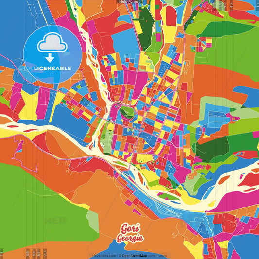 Gori, Shida Kartli, Georgia Crazy Colorful Street Map Poster Template