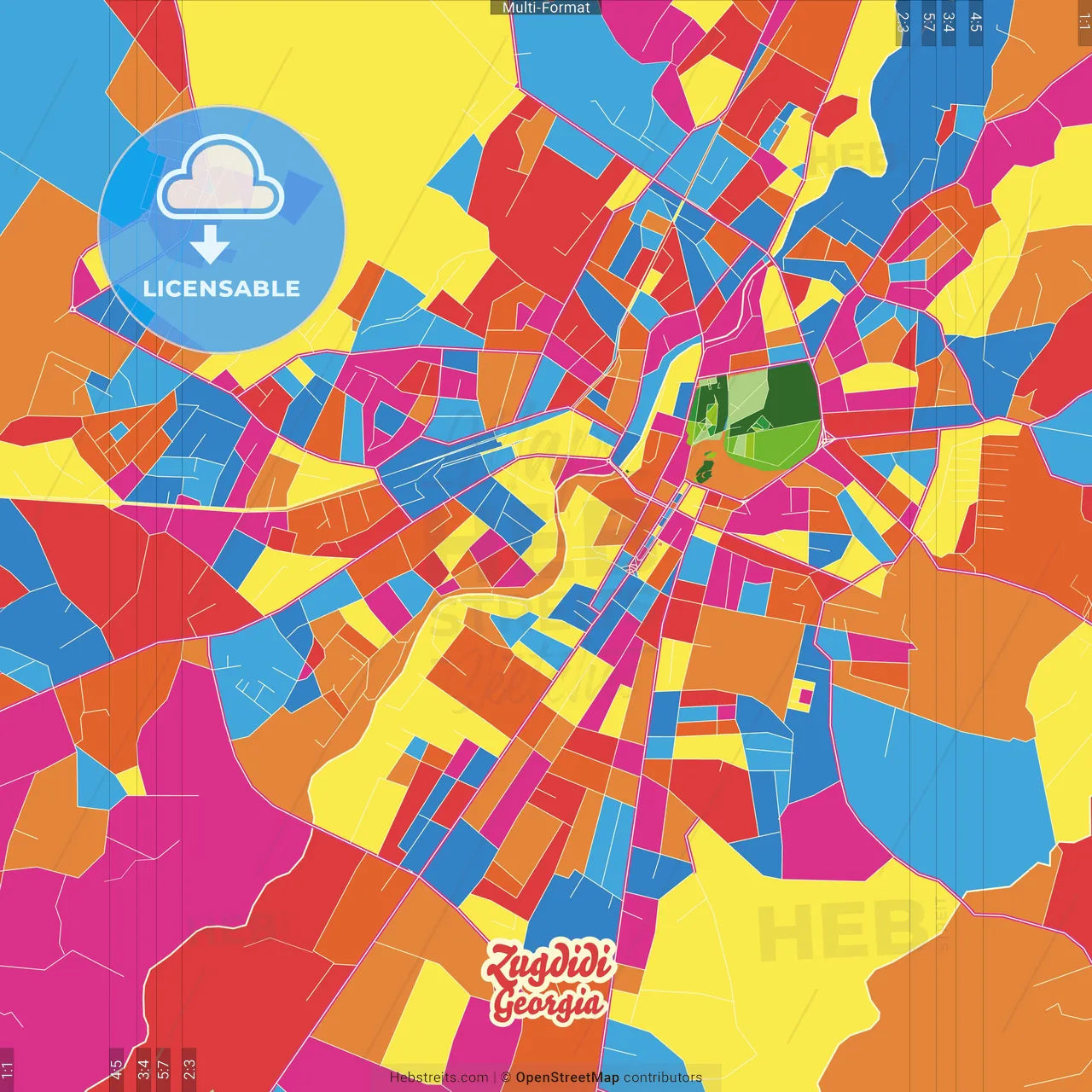 Zugdidi, Samegrelo-Zemo Svaneti, Georgia Crazy Colorful Street Map Poster Template