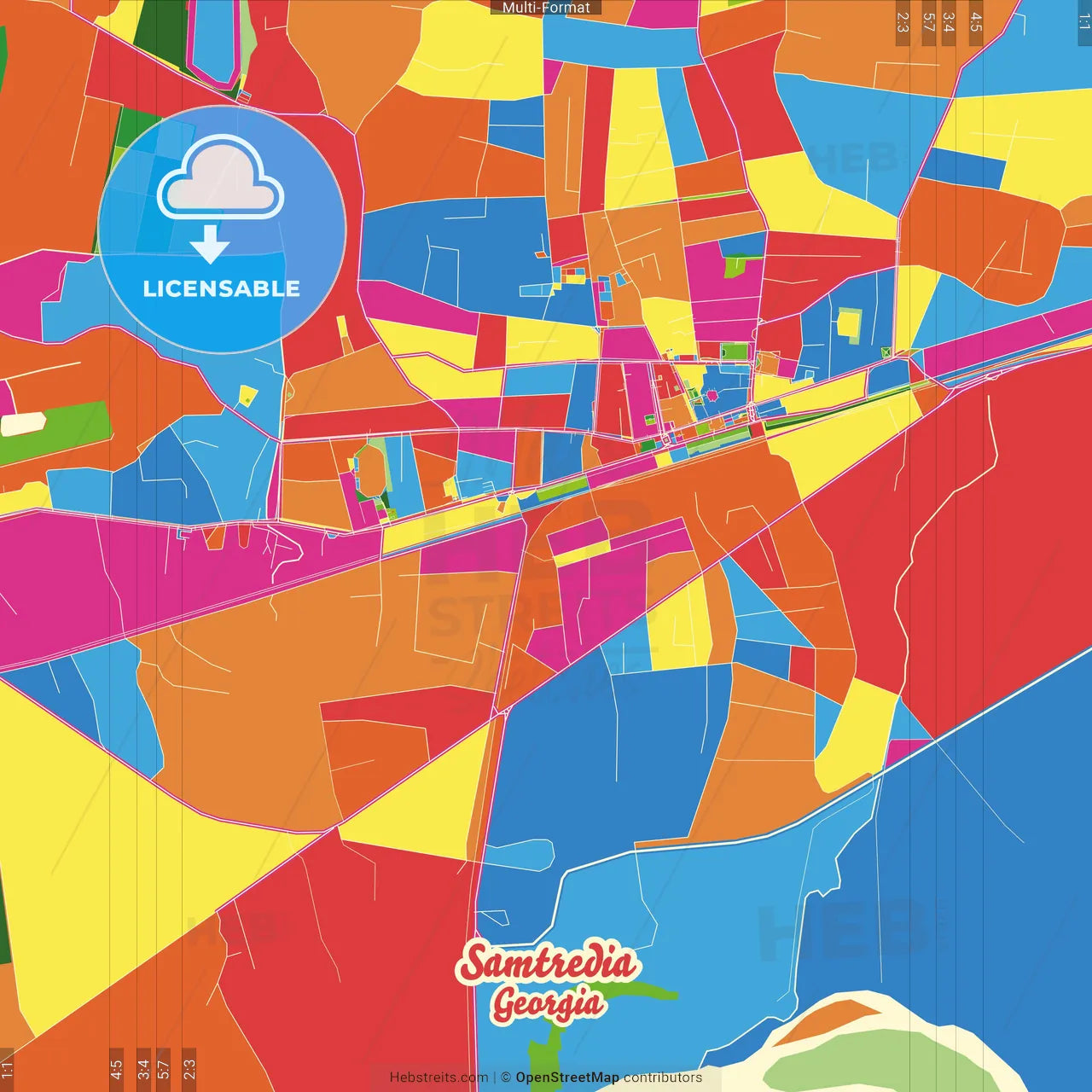 Samtredia, Imereti, Georgia Crazy Colorful Street Map Poster Template