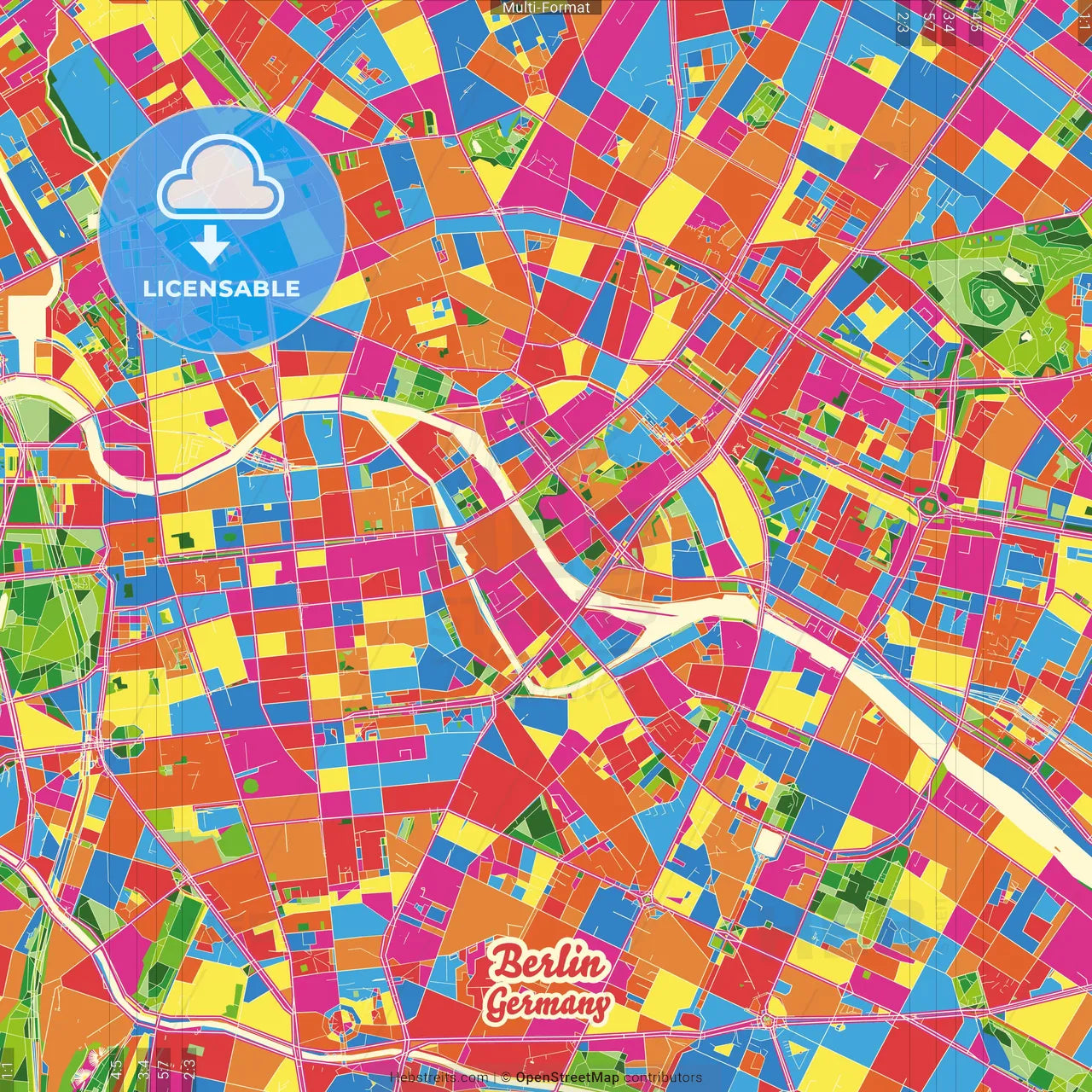 Berlin, Berlin, Germany Crazy Colorful Street Map Poster Template