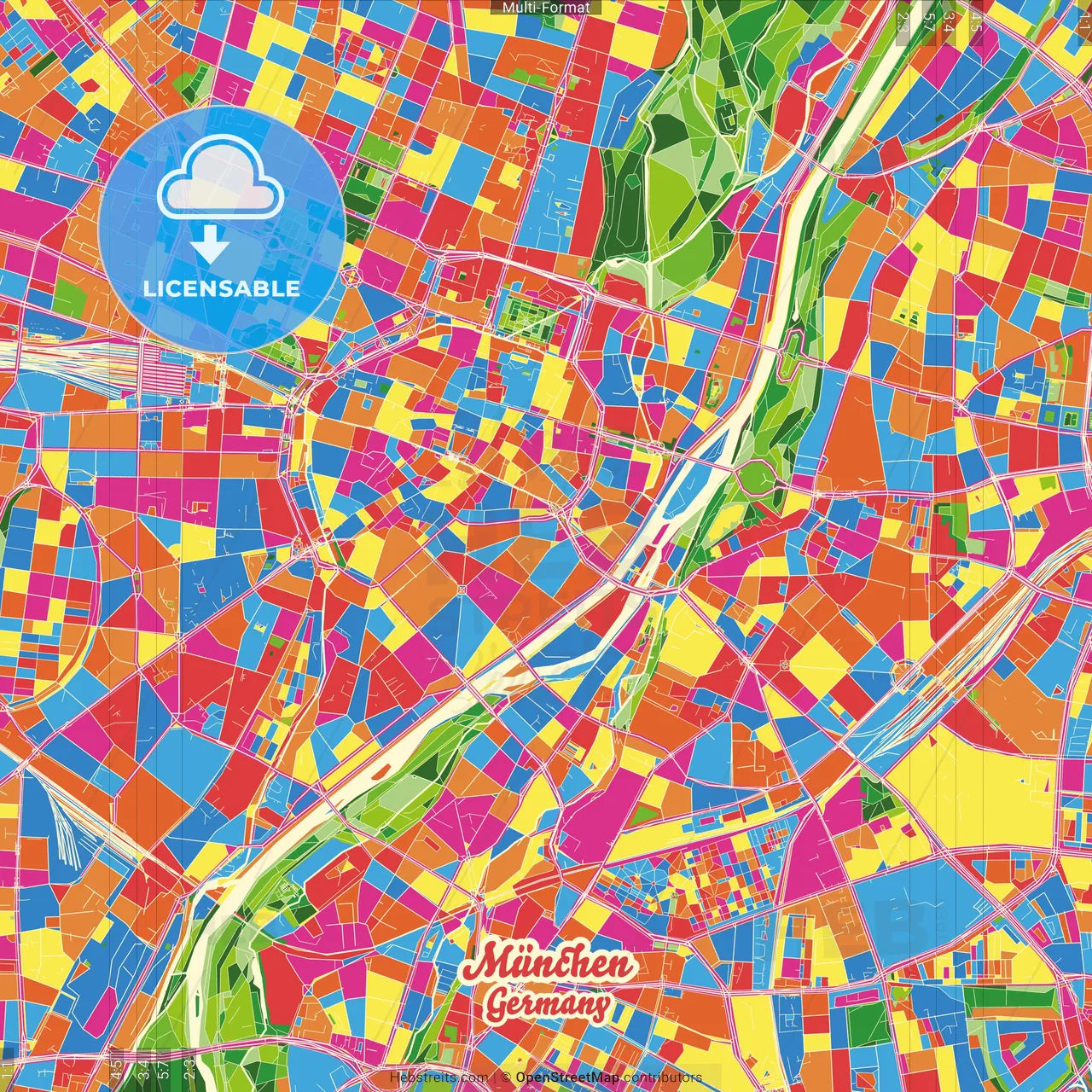 München, Bavaria, Germany Crazy Colorful Street Map Poster Template