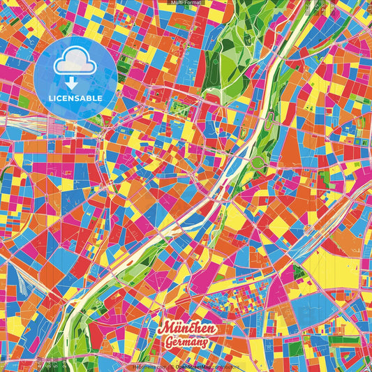 München, Bavaria, Germany Crazy Colorful Street Map Poster Template