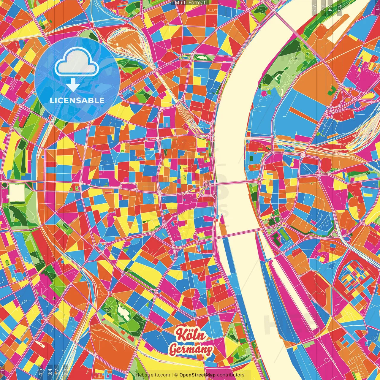 Cologne, North Rhine-Westphalia, Germany Crazy Colorful Street Map Poster Template