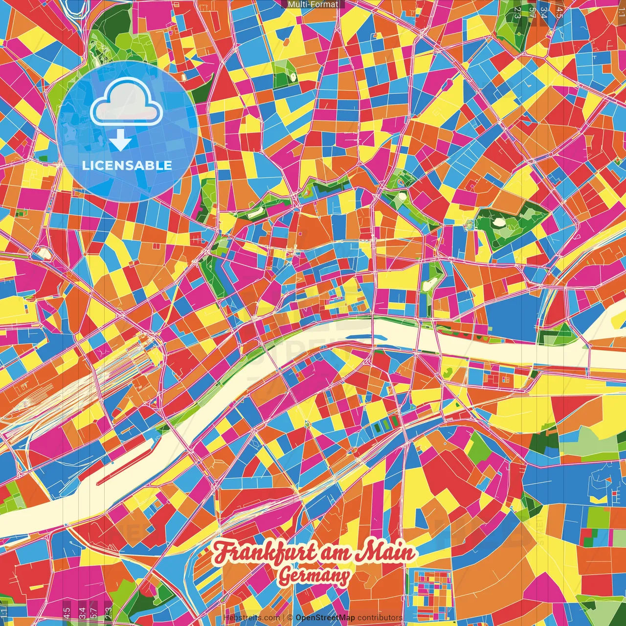 Frankfurt am Main, Hesse, Germany Crazy Colorful Street Map Poster Template