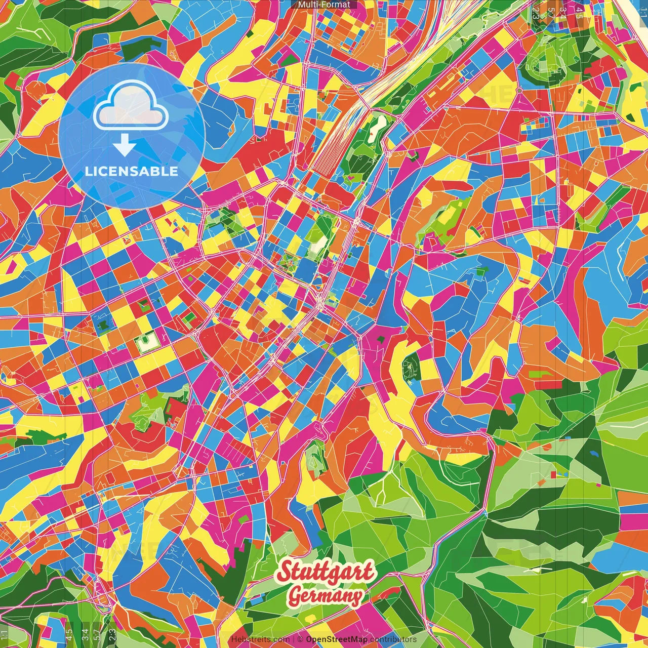 Stuttgart, Baden-Wuerttemberg, Germany Crazy Colorful Street Map Poster Template