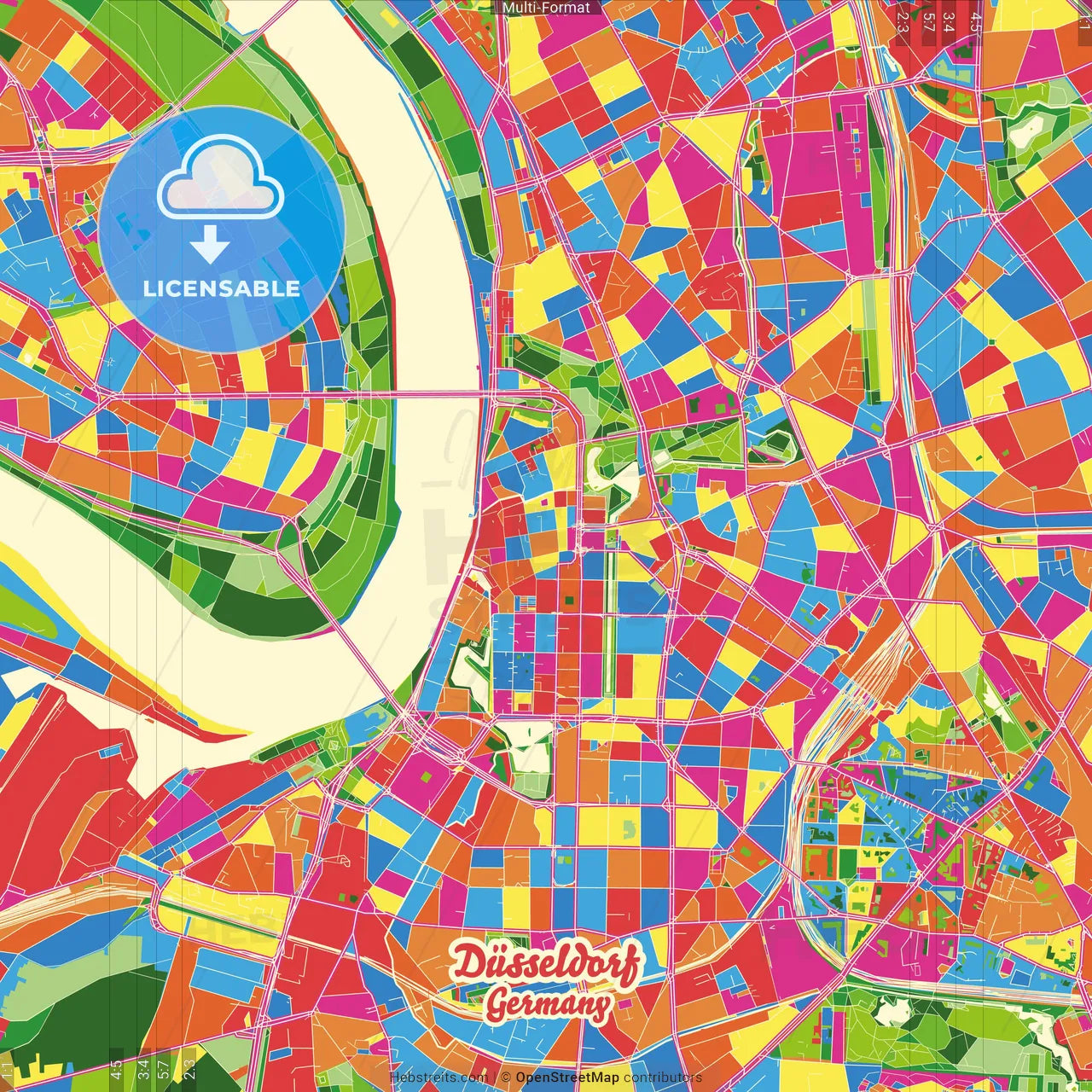 Düsseldorf, North Rhine-Westphalia, Germany Crazy Colorful Street Map Poster Template