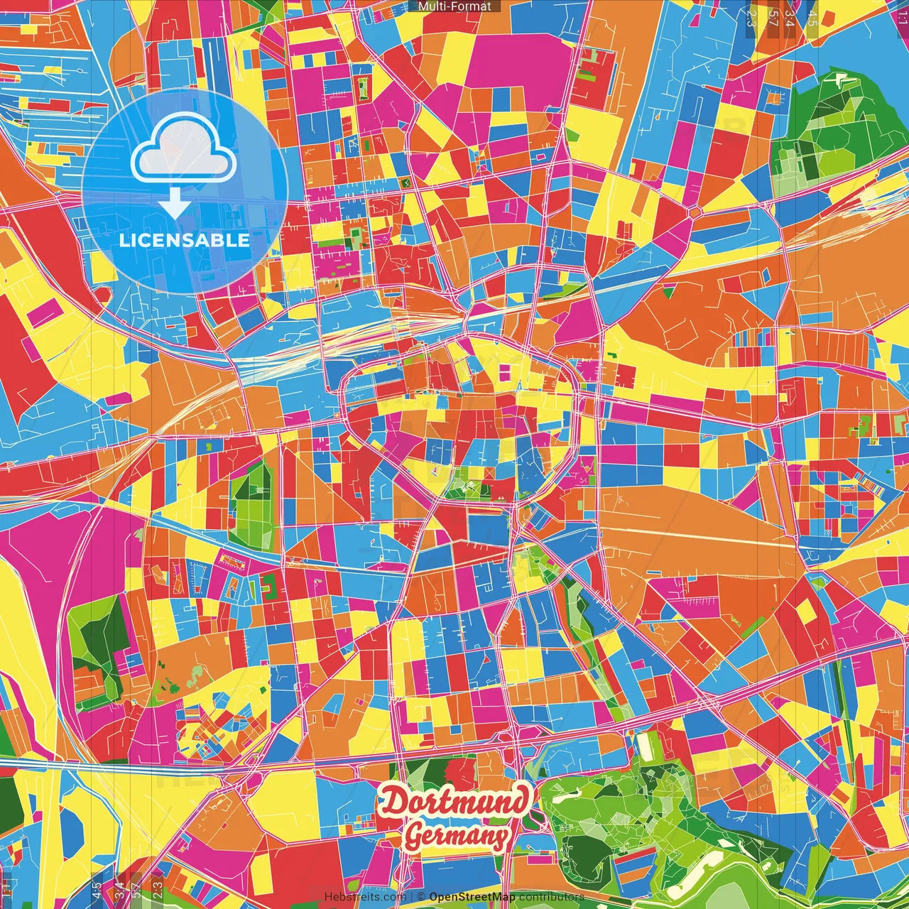 Dortmund, North Rhine-Westphalia, Germany Crazy Colorful Street Map Poster Template