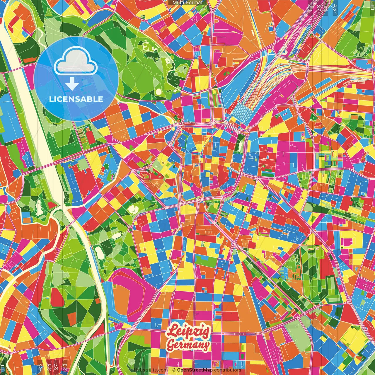 Leipzig, Saxony, Germany Crazy Colorful Street Map Poster Template