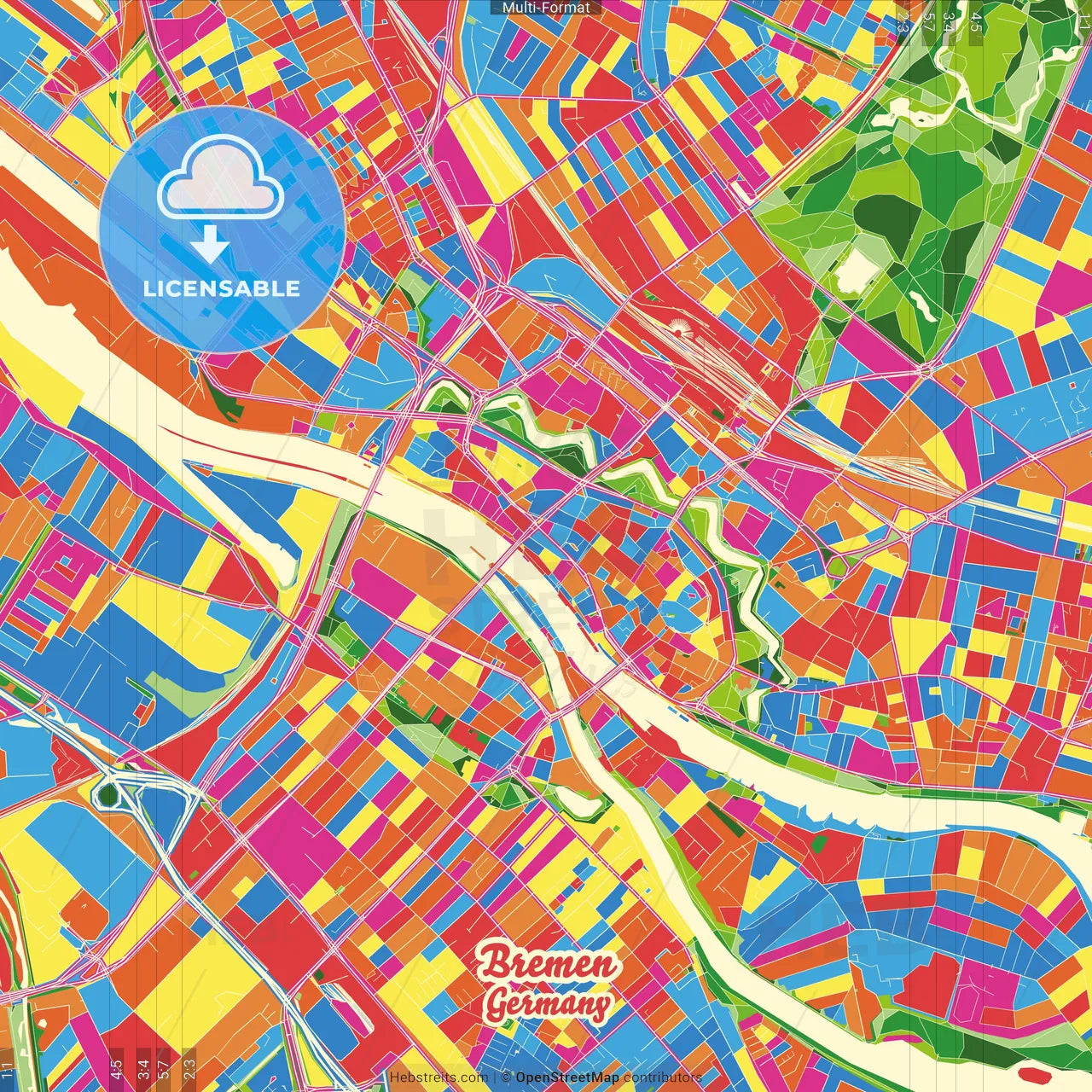 Bremen, Bremen, Germany Crazy Colorful Street Map Poster Template