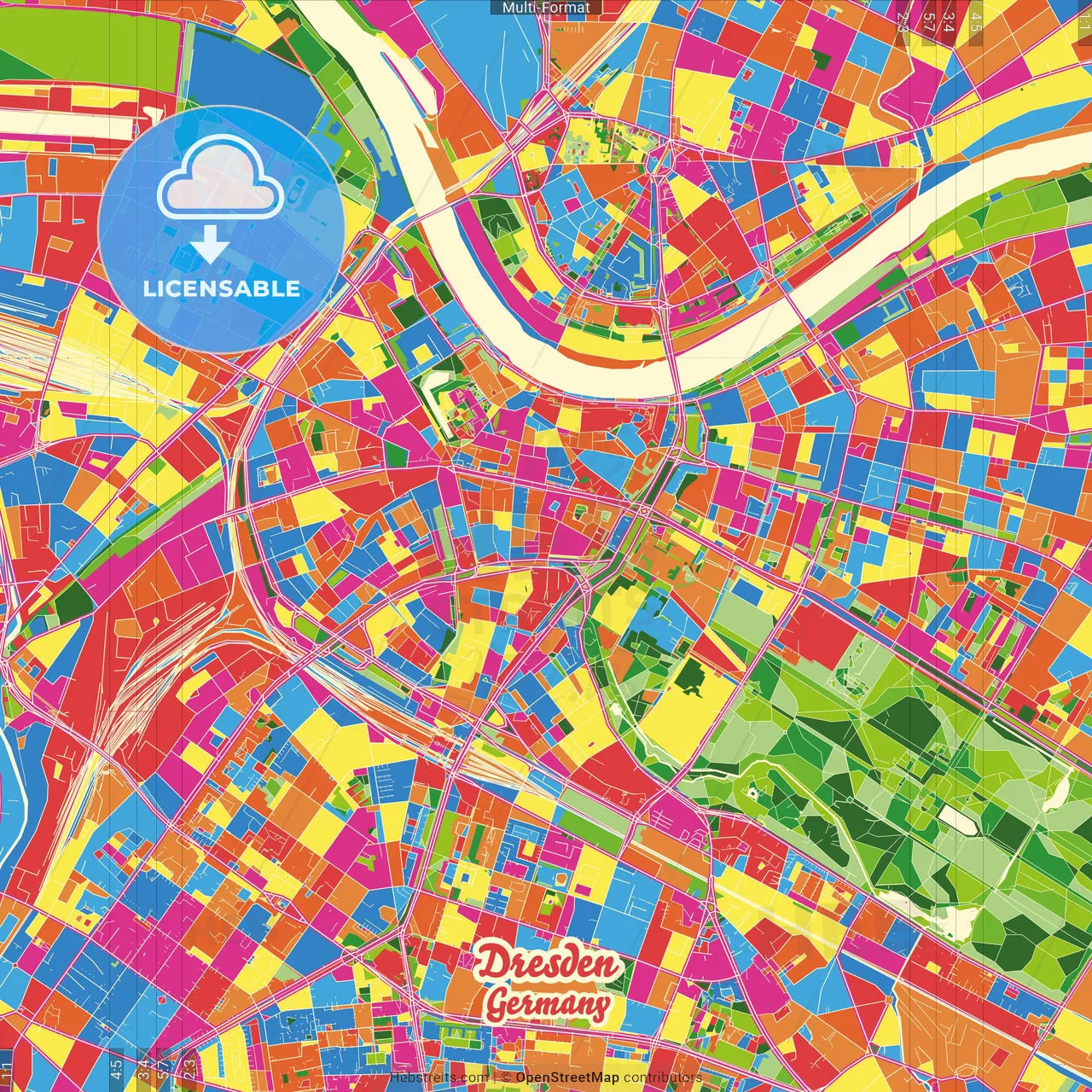 Dresden, Saxony, Germany Crazy Colorful Street Map Poster Template
