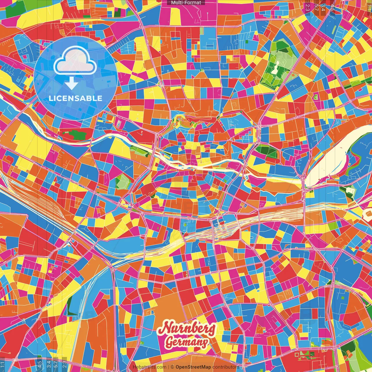 Nurnberg, Bavaria, Germany Crazy Colorful Street Map Poster Template