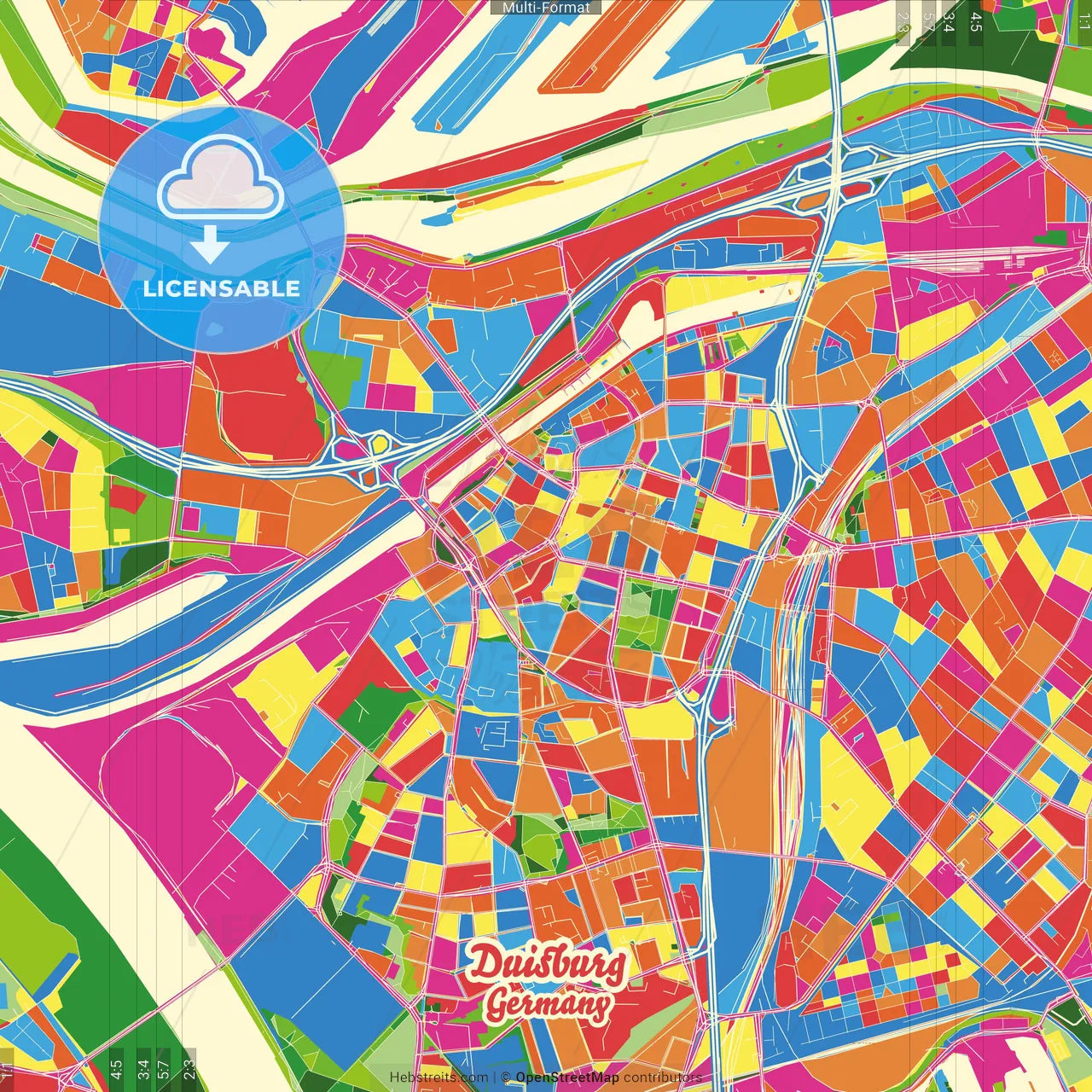 Duisburg, North Rhine-Westphalia, Germany Crazy Colorful Street Map Poster Template