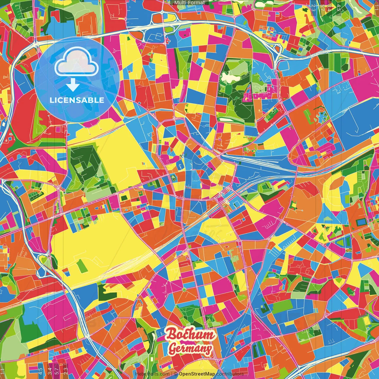 Bochum, North Rhine-Westphalia, Germany Crazy Colorful Street Map Poster Template