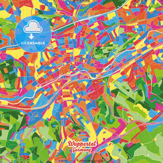 Wuppertal, North Rhine-Westphalia, Germany Crazy Colorful Street Map Poster Template