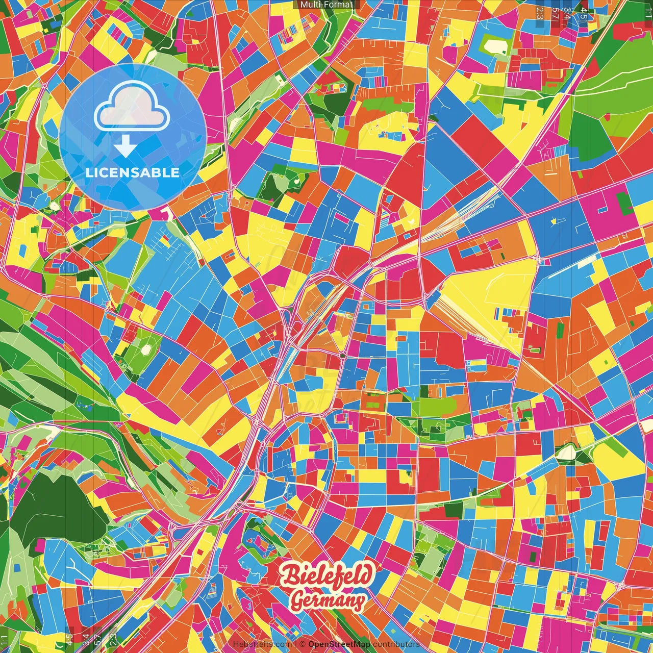Bielefeld, North Rhine-Westphalia, Germany Crazy Colorful Street Map Poster Template