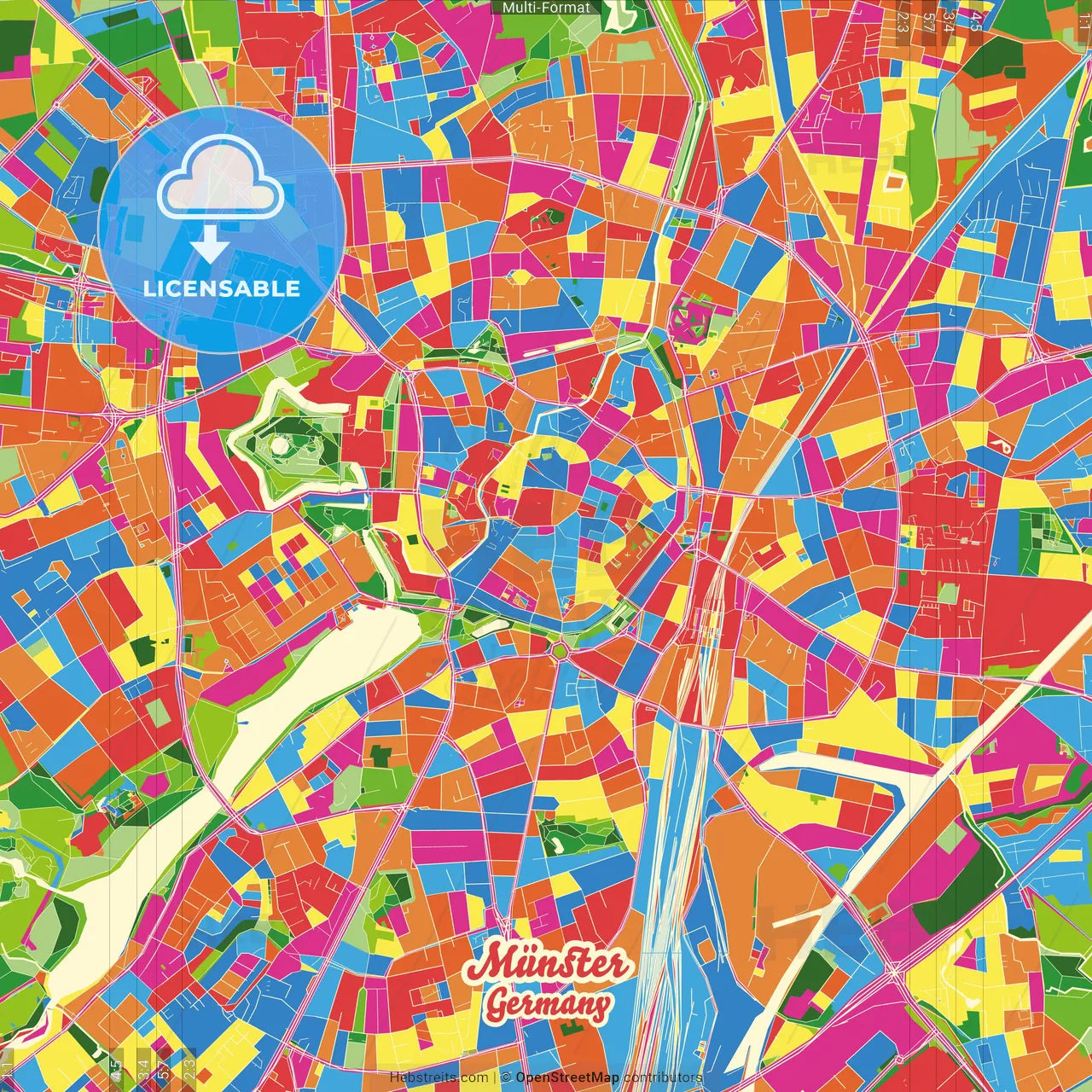 Münster, North Rhine-Westphalia, Germany Crazy Colorful Street Map Poster Template