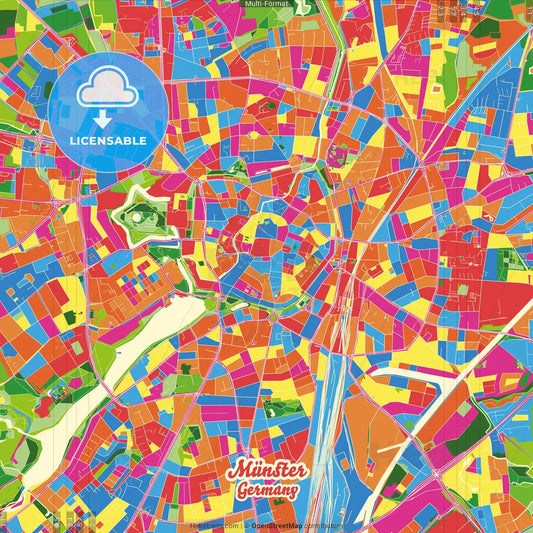 Münster, North Rhine-Westphalia, Germany Crazy Colorful Street Map Poster Template
