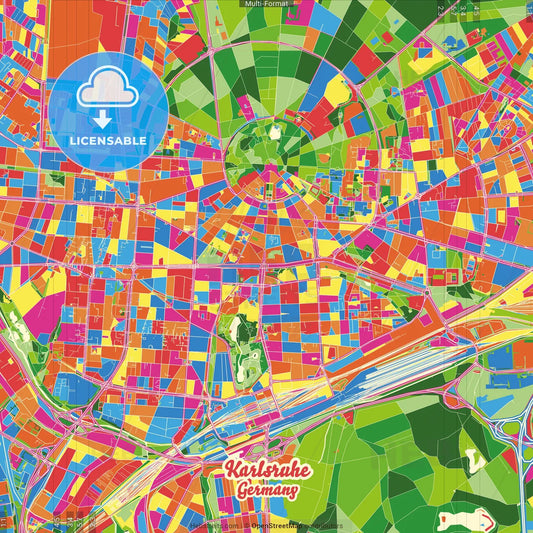 Karlsruhe, Baden-Wuerttemberg, Germany Crazy Colorful Street Map Poster Template