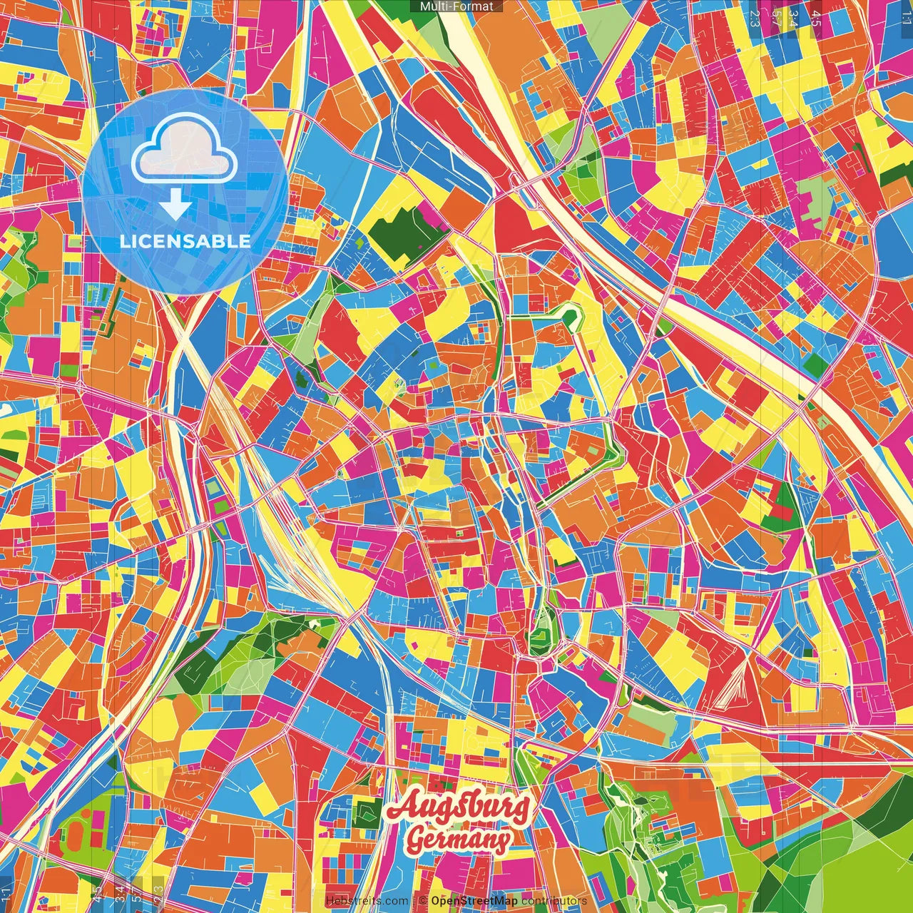 Augsburg, Bavaria, Germany Crazy Colorful Street Map Poster Template