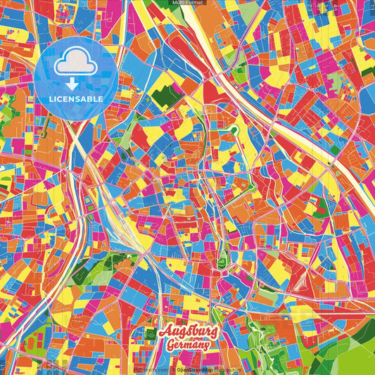 Augsburg, Bavaria, Germany Crazy Colorful Street Map Poster Template