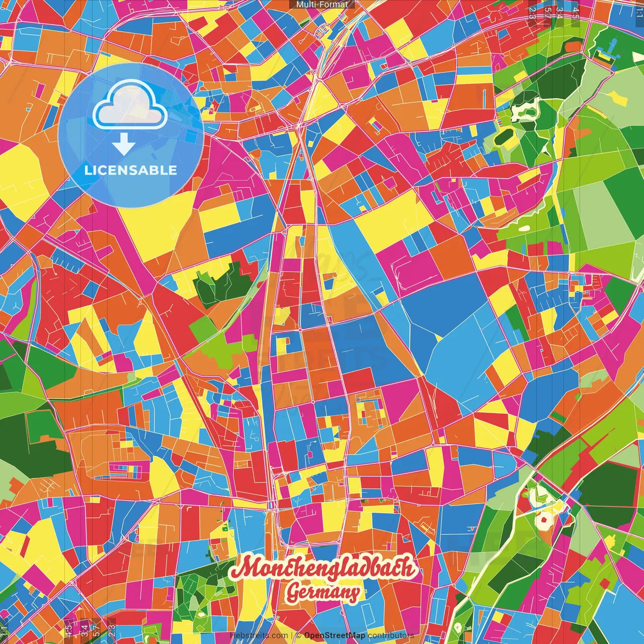 Monchengladbach, North Rhine-Westphalia, Germany Crazy Colorful Street Map Poster Template