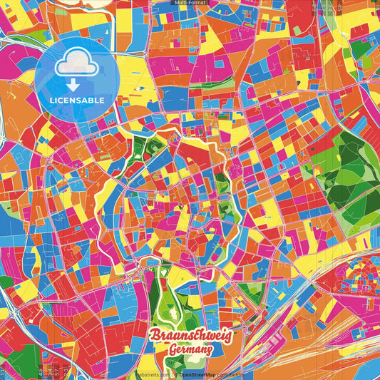 Braunschweig, Lower Saxony, Germany Crazy Colorful Street Map Poster Template