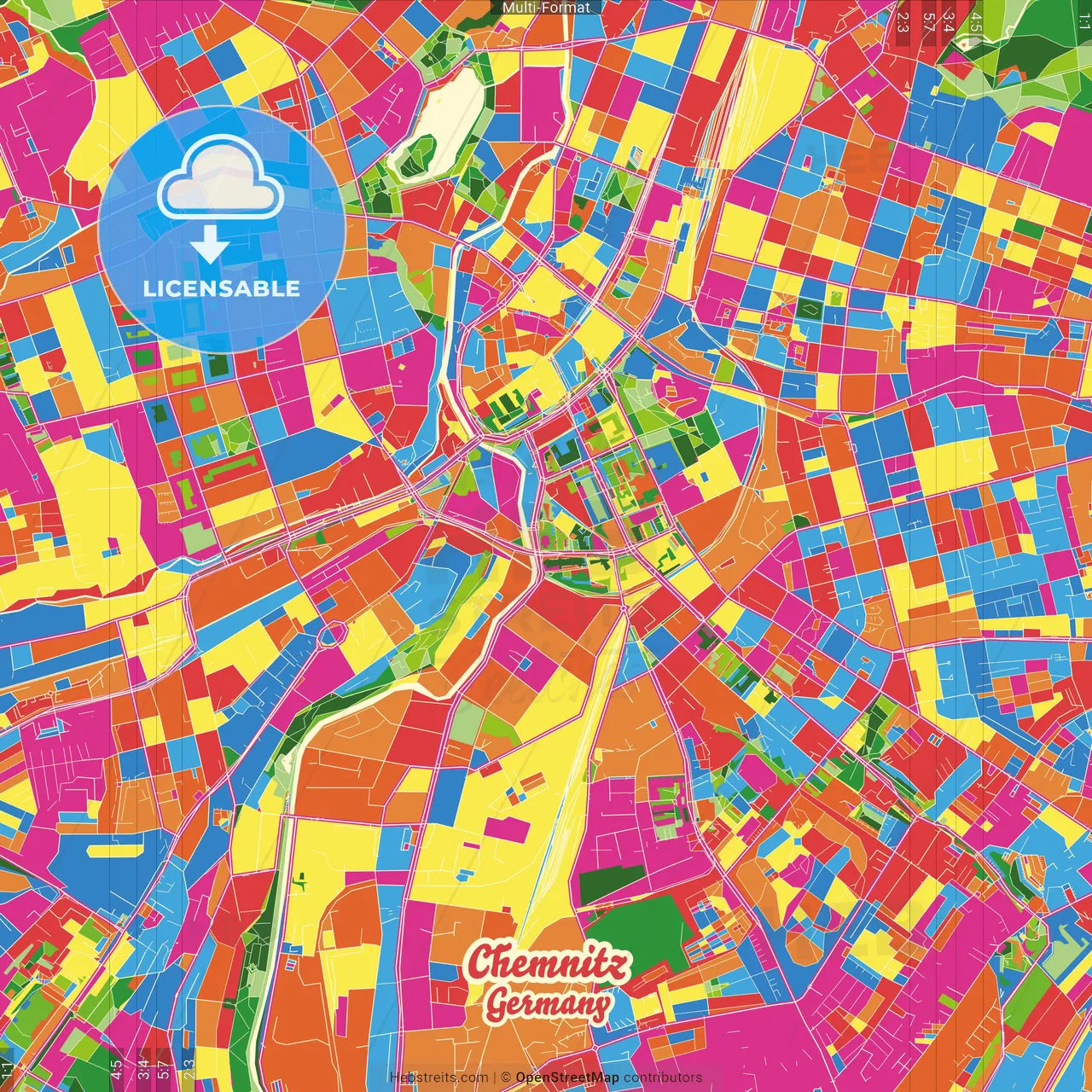 Chemnitz, Saxony, Germany Crazy Colorful Street Map Poster Template
