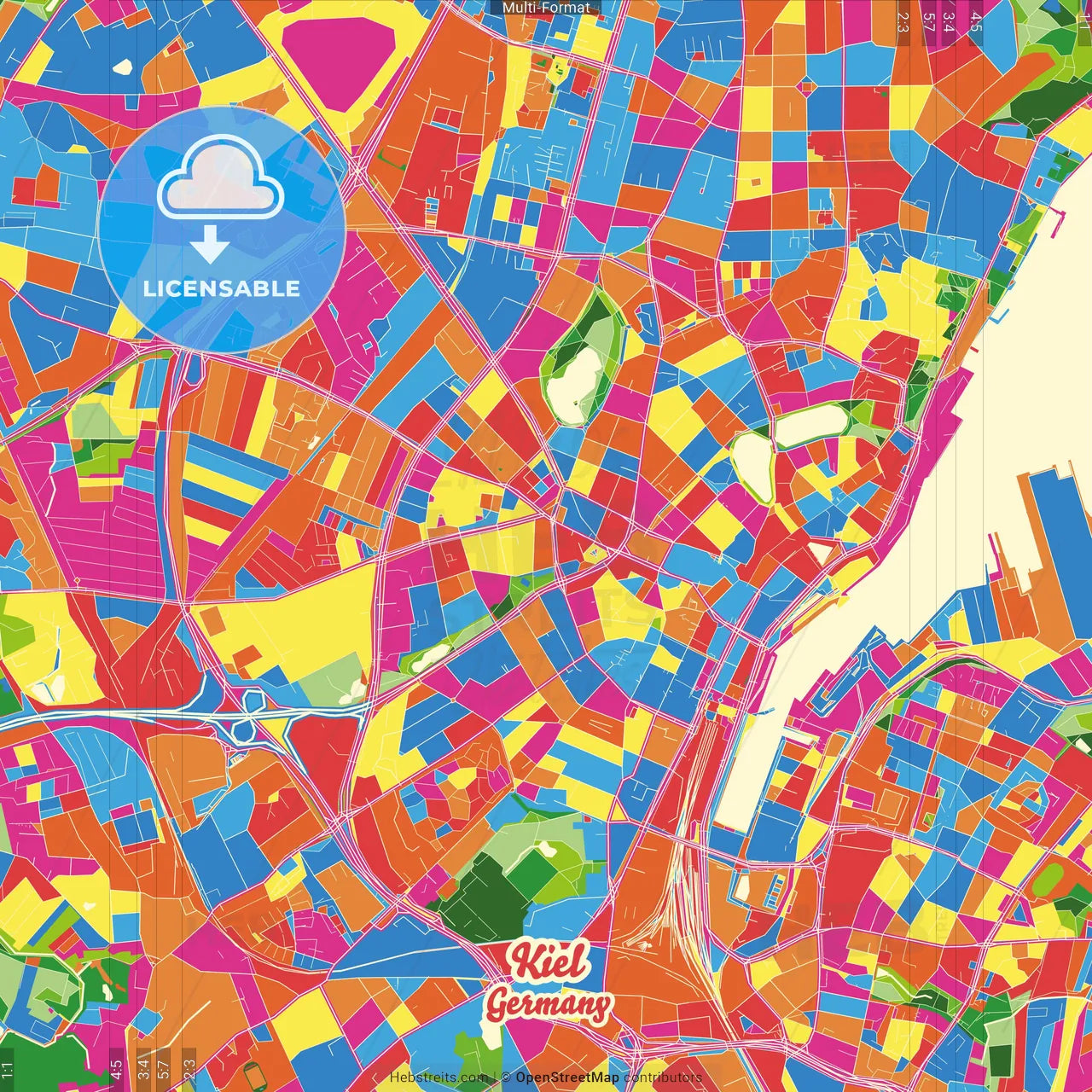 Kiel, Schleswig-Holstein, Germany Crazy Colorful Street Map Poster Template