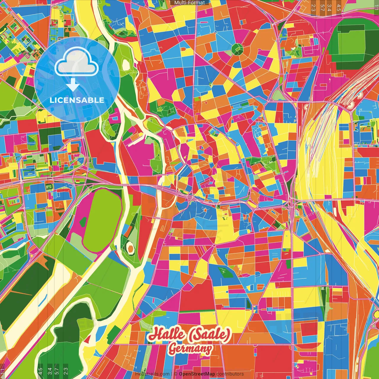 Halle (Saale), Saxony-Anhalt, Germany Crazy Colorful Street Map Poster Template