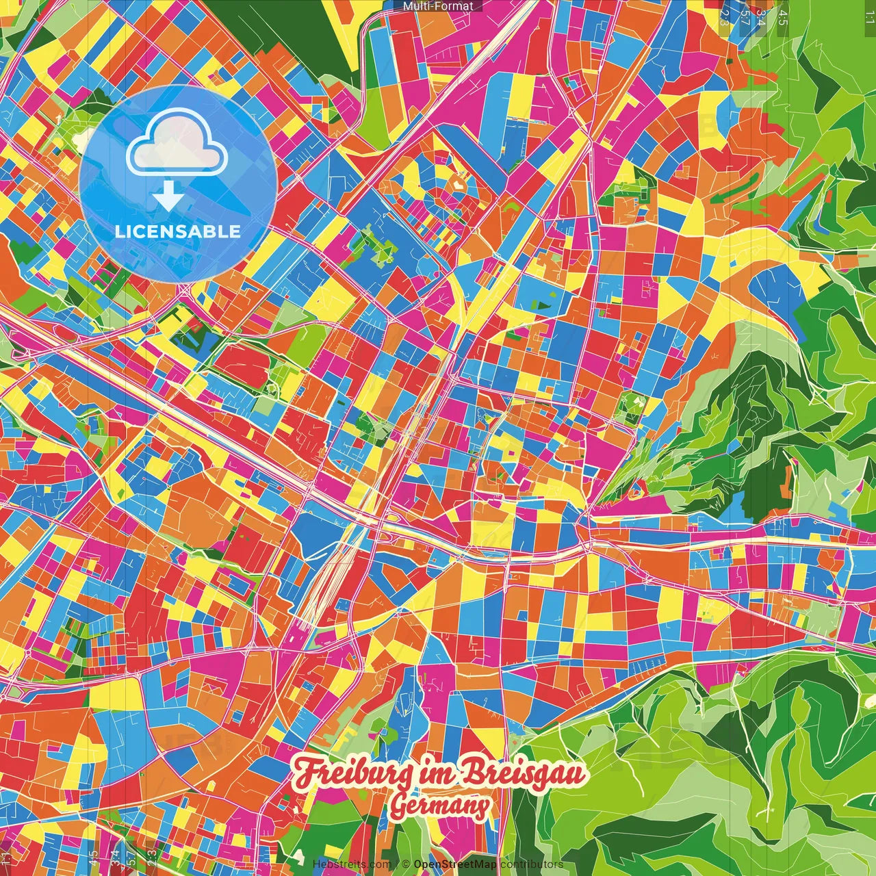 Freiburg im Breisgau, Baden-Wuerttemberg, Germany Crazy Colorful Street Map Poster Template