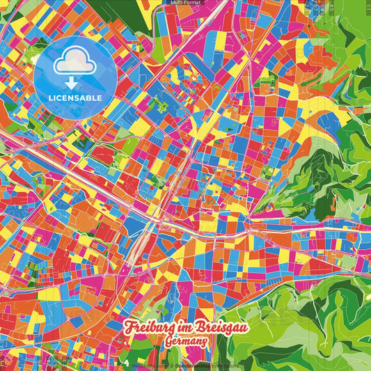 Freiburg im Breisgau, Baden-Wuerttemberg, Germany Crazy Colorful Street Map Poster Template