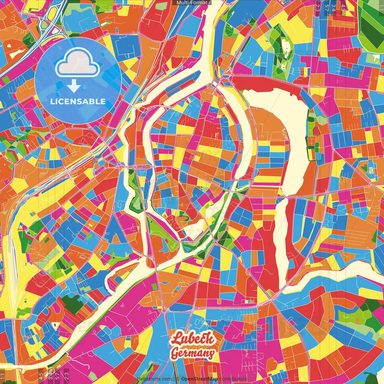 Lubeck, Schleswig-Holstein, Germany Crazy Colorful Street Map Poster Template