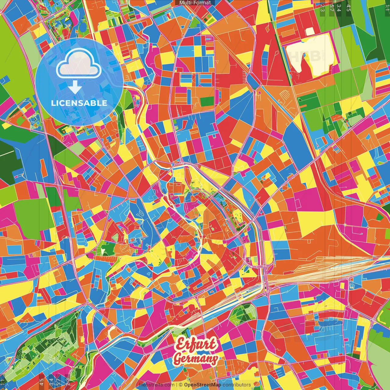Erfurt, Thuringia, Germany Crazy Colorful Street Map Poster Template