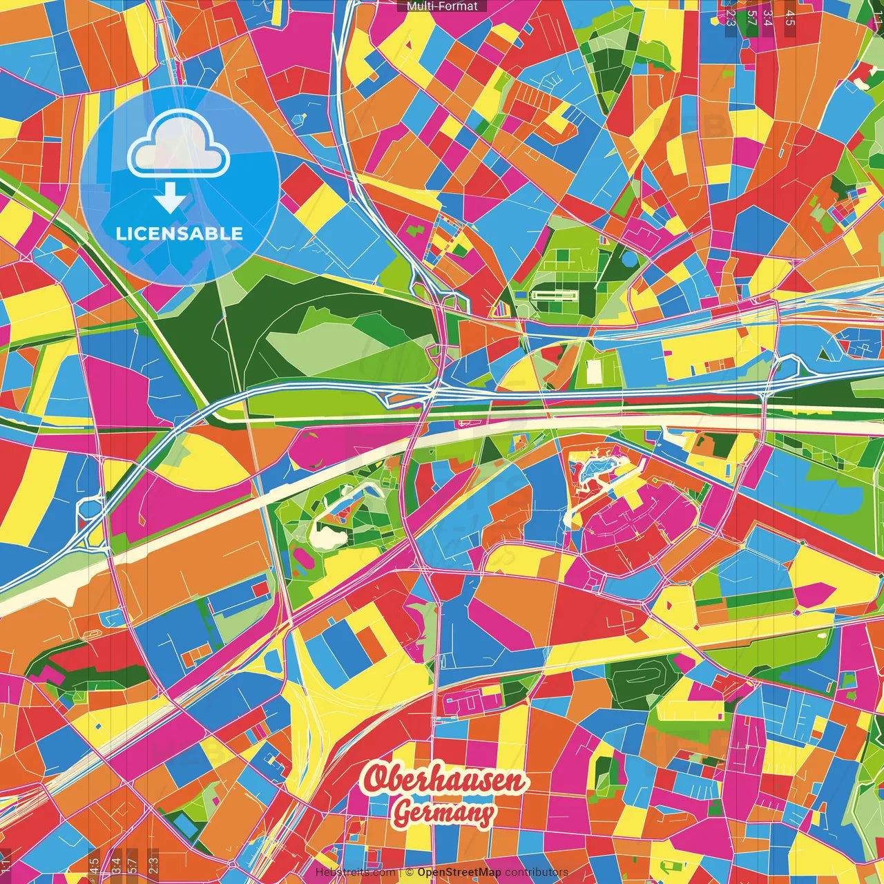 Oberhausen, North Rhine-Westphalia, Germany Crazy Colorful Street Map Poster Template