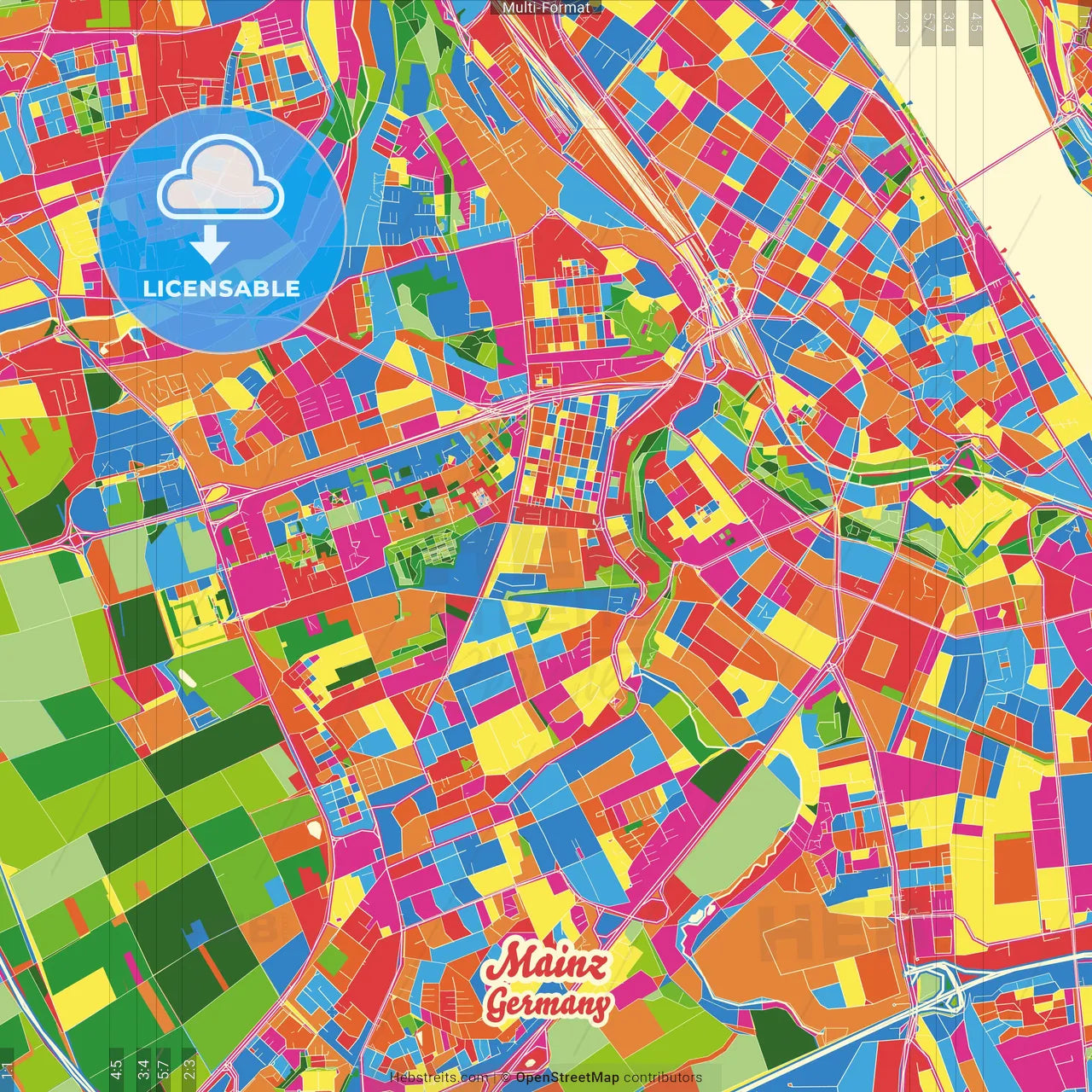 Mainz, Rheinland-Pfalz, Germany Crazy Colorful Street Map Poster Template